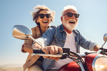 Close up view of a senior couple riding a motorbike on a sunny summer day on open road