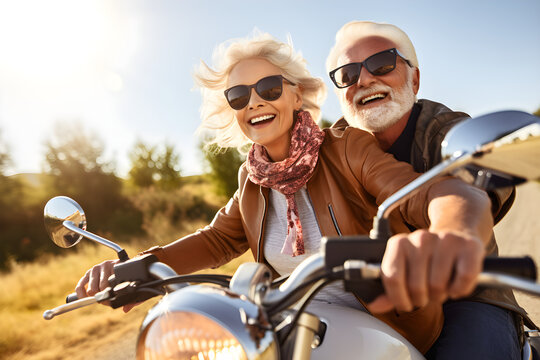 Close up view of a senior couple riding a motorbike on a sunny summer day on open road