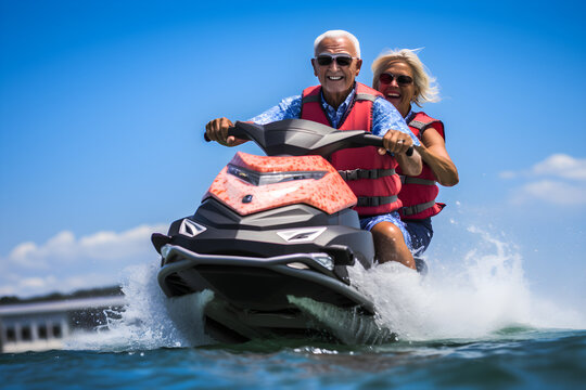 Close up view of a senior couple riding a jet ski on a sunny summer day at open sea