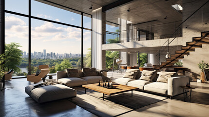 Fototapeta premium Interior of modern living room with panoramic view of mountains