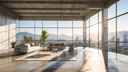 Interior of modern living room with panoramic view of mountains