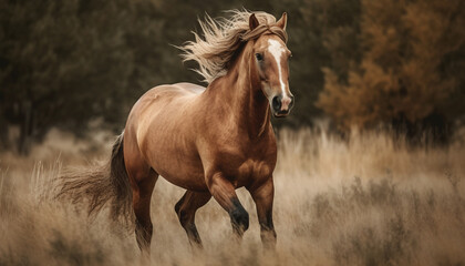 Obraz premium Running stallion in meadow, freedom and beauty in nature generated by AI