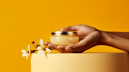 Hands holding a cradles a cosmetics jar filled with luxurious face cream