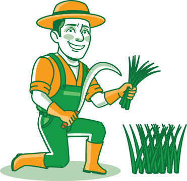 Male Gardener Farmer Cartoon Cutting Grass