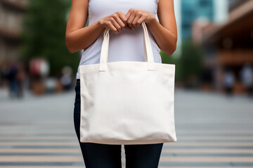 Commercial, industry, fashion and style concept. Woman hands holding white blank with copy space bag. Urban with greenery background
