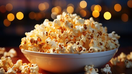 A Bowl of popcorn stands on the table in the living room for watching a movie at home, with lights background