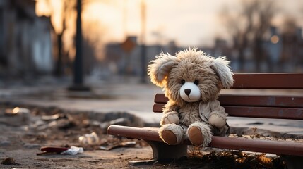 Very sad toy soft plush on a bench lost and abandoned. Social problems loneliness and depression atmosphere - obrazy, fototapety, plakaty