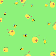 seamless pattern with bees and flowers