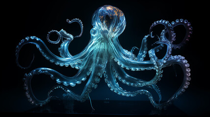 octopus kraken, a fictional deep-sea luminous transparent creature, light ocean depth, layer for overlay isolated on a black background
