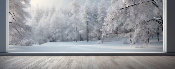 Cozy winter view into forest from wooden terrace floor Generative AI