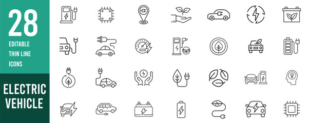 Line icons about electric vehicles. Sustainable development Contains such icons as electric car, motorbike, scooter, battery and charging station.