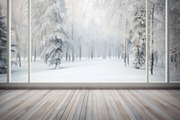 Cozy winter view into forest from wooden terrace floor Generative AI - obrazy, fototapety, plakaty
