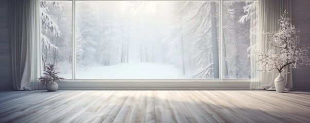 Cozy winter view into forest from wooden terrace floor Generative AI