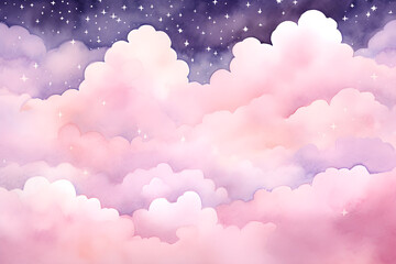 watercolour background illustration of clouds and stars in pink