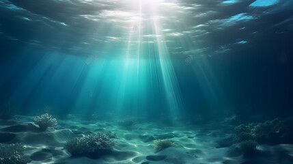 Obraz premium underwater scene with rays of light and sun, Underwater sea in blue sunlight