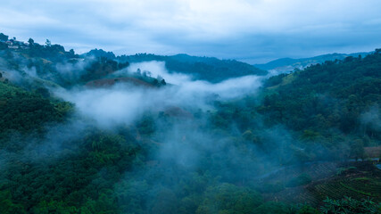 morning mist in the valley, north of thailand, ecological tourism concept, aerial panoramic drone point of view,