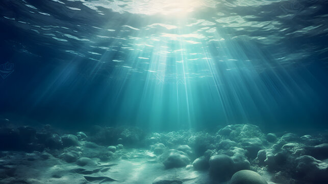 underwater scene with rays of light and sun, Underwater sea in blue sunlight