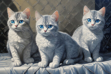  Blue-eyed, three gray-colored kittens are raised by aristocrats. Generative AI.