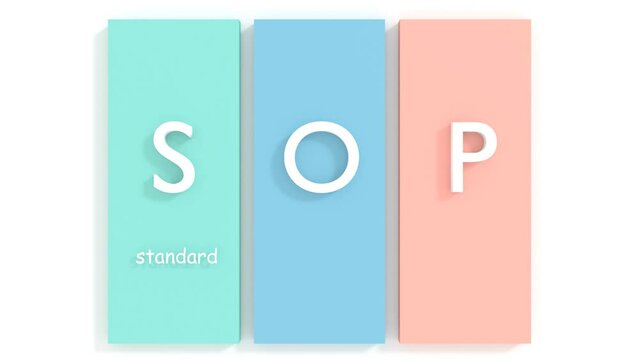 Standard Operating Procedure. SOP is a set of step-by-step instructions compiled by an organization to help workers carry out complex routine operations. Acronym text concept background. 3D render