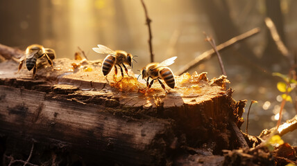 forest bees on a stump, wildlife bee hive, insects making honey, beautiful nature background - obrazy, fototapety, plakaty