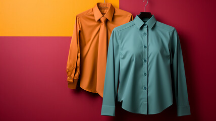 bright clothes, uniforms on hangers