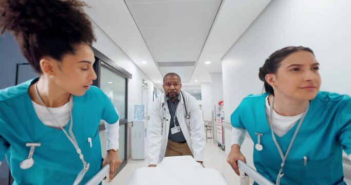 People, doctor and running with bed for emergency, ICU or quick surgery to save life at hospital. Medical group, surgeon and nurse in hallway rush with stretcher for ER healthcare, urgency or support