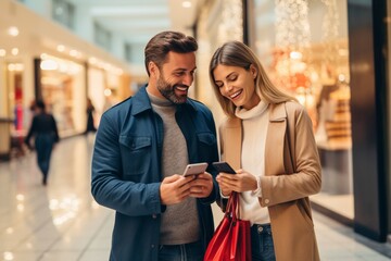 Happy couple using smartphones and shopping bags in mall