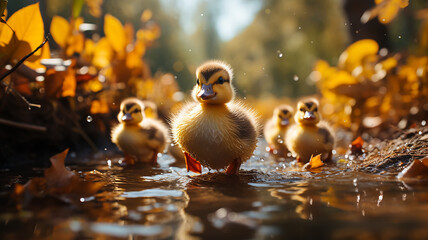 cute yellow ducklings in a group run towards the autumn yellow leaves in the fall of the sunny day of change - obrazy, fototapety, plakaty