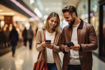 Happy couple using smartphones and shopping bags in mall - obrazy, fototapety, plakaty