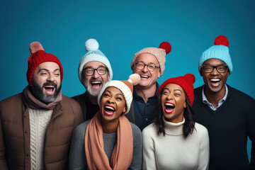 people shouting and excited in santa hat - obrazy, fototapety, plakaty