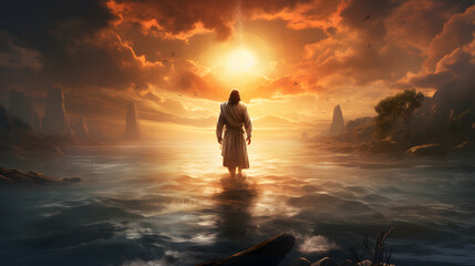 Jesus Christ walks on water on a dramatic sunset - Far view
