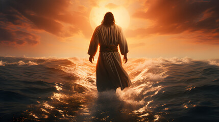 The figure of Jesus walks on water on a beautiful dramatic sunset background
