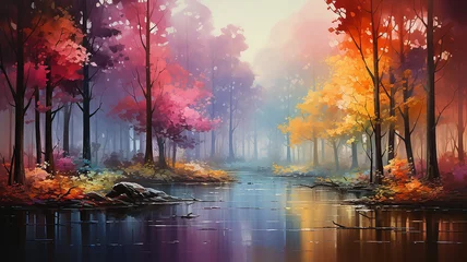 Fotobehang landscape in a fabulous forest, rainbow spectrum of colorful autumn trees in unusual neon lighting, fog background autumn fantasy © kichigin19