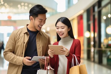 Happy couple using smartphones and shopping bags in mall