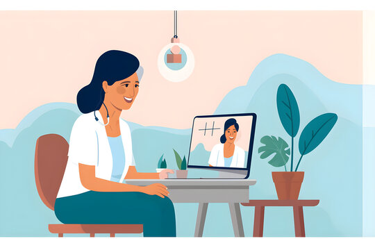 illustration of Female doctor therapist consulting older senior patient via virtual video call visit using laptop computer. Digital online healthcare, distance telemedicine. Telehealth videocall