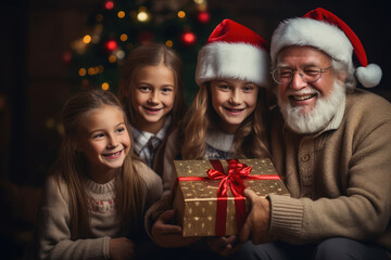 senior man celebrating christmas festival with his granddaughters