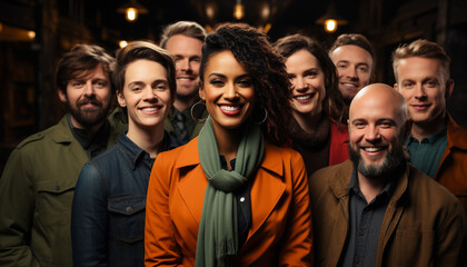 Fototapeta premium A group of smiling adults looking at camera, enjoying nightlife generated by AI