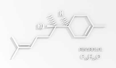 Bisabolol or levomenol molecule. It is natural monocyclic sesquiterpene alcohol, used in various fragrances. Skeletal chemical formula. 3D render