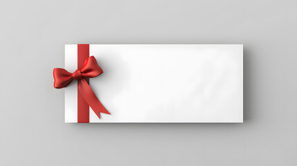 Blank white gift voucher with red ribbon bow or empty gift signboard isolated on grey background with shadow minimal conceptual 3D rendering