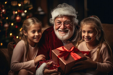 Obraz na płótnie Canvas senior man celebrating christmas festival with his granddaughters