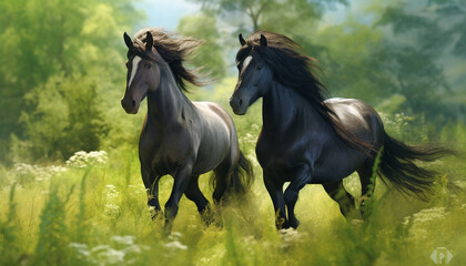 Running stallion and mare in green meadow, surrounded by beauty generated by AI