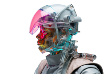  image of a man in a suit and helmet, in the style of cyberpunk surrealism, mobile sculptures, chromatic saturation, made of glass, vaporwave, grey academia isolated PNG