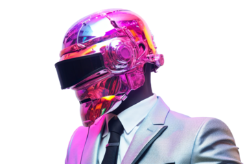  image of a man in a suit and helmet, in the style of cyberpunk surrealism, mobile sculptures, chromatic saturation, made of glass, vaporwave, grey academia isolated PNG