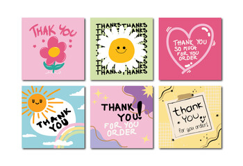 Thank you cards. Grupo de tarjetas de agradecimiento, listas para publicar en redes sociales, tarjeta de gracias para imprimir.