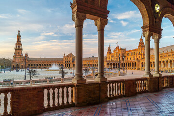 Panoramic view of Plaza de Espana in Seville, Spain