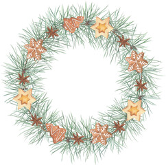 Christmas wreath made of watercolor plants and cookies. A bright element for holiday printed products.