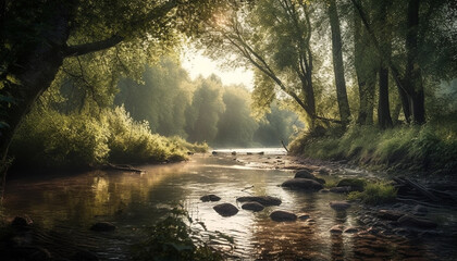 Fototapeta premium Tranquil scene nature beauty in a green forest meadow generated by AI