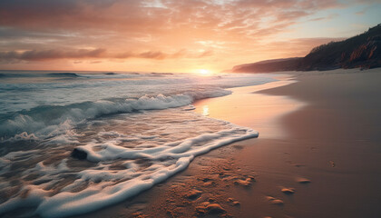Sunset over the tranquil coastline, waves crash on sandy shores generated by AI