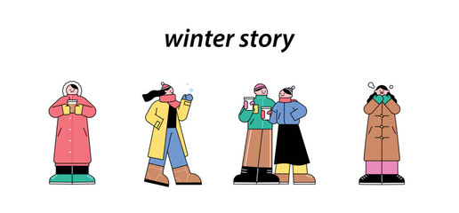 People on the streets wearing thick coats in the cold winter. People drinking iced coffee and hot coffee.