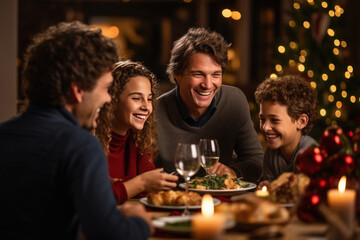 Family enjoying food, christmas party concept.